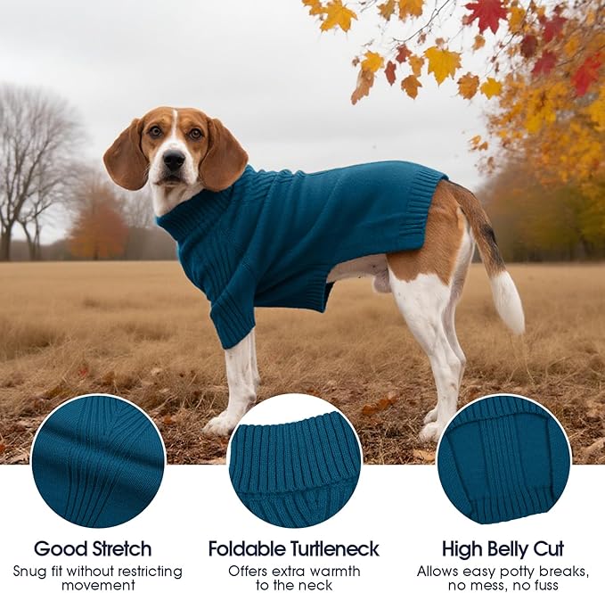 IECOii XL Dog Sweater,Winter Doggy Clothes for Large Dogs Girl Boy,Warm Pullover Soft Dog Sweater Turtleneck,Lightweight & Good Stretch for Active Dogs Like Beagle,Border Collie (Peacock Blue,XLarge)