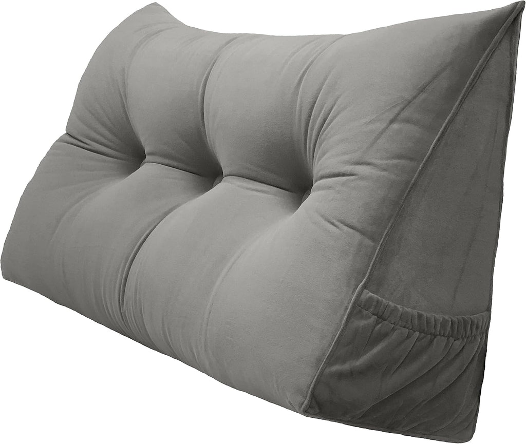 Triangular Reading Bed Rest Pillow Large Bolster Cushion Headboard Backrest Wedge Pillow with Removable Cover and Two Large Side Pockets (Grey, 47 x 8 x 20 inches)