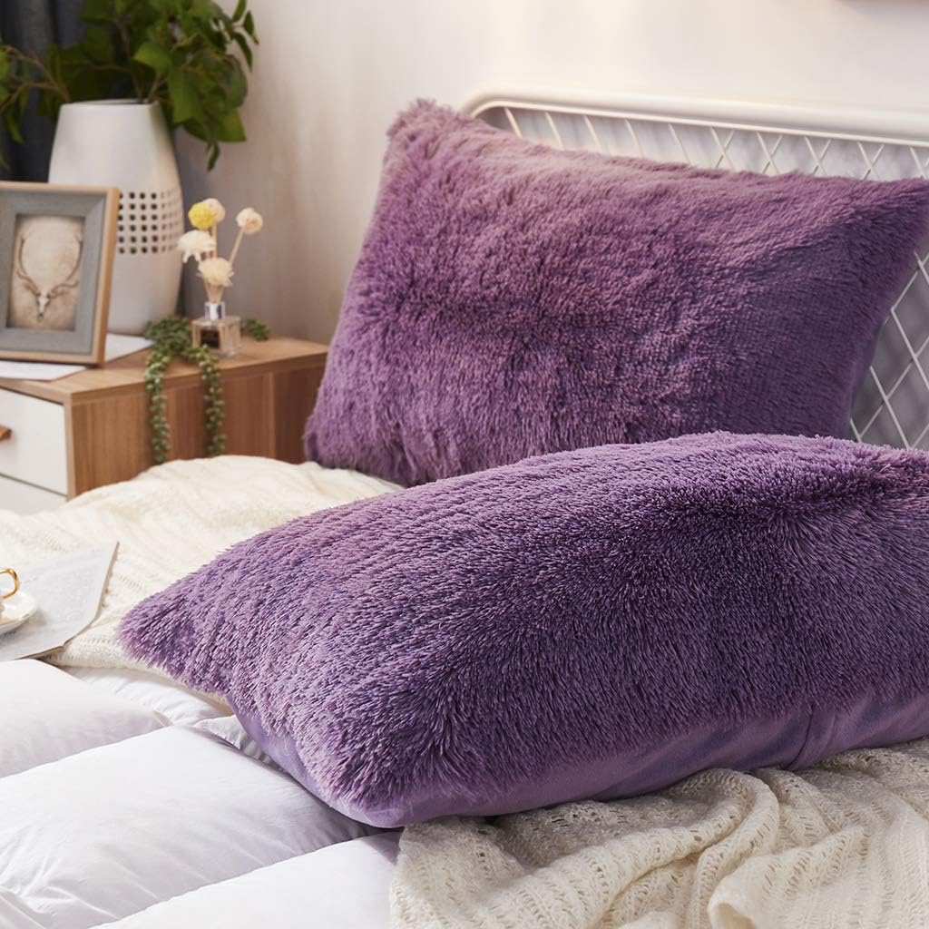 Uhamho Set of 2 Standard Pillowcases Faux Fur Throw Pillow Covers Queen Size Shams Soft Velvet Decorative Zipper Closure (Purple, 20"x26")