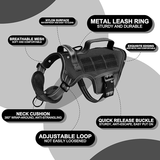 Small Dog Harness, Heavy Duty Tactical No Pull Dog Harness, No Choke, Easy On and Off Pet Vest with Molle System, Adjustable Reflective Dog Vest with Breathable Padded for Walking Hiking Training