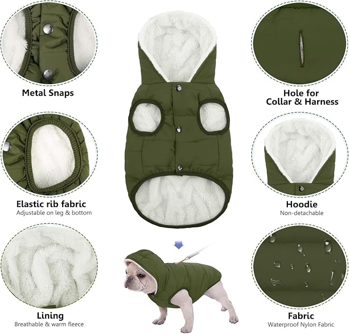 Fleece Hoodie, Windproof Waterproof Coat, Winter Warm Jacket, Cold Weather Pet Apparel Clothes Vest for Small Medium Large Dogs (M, Green)