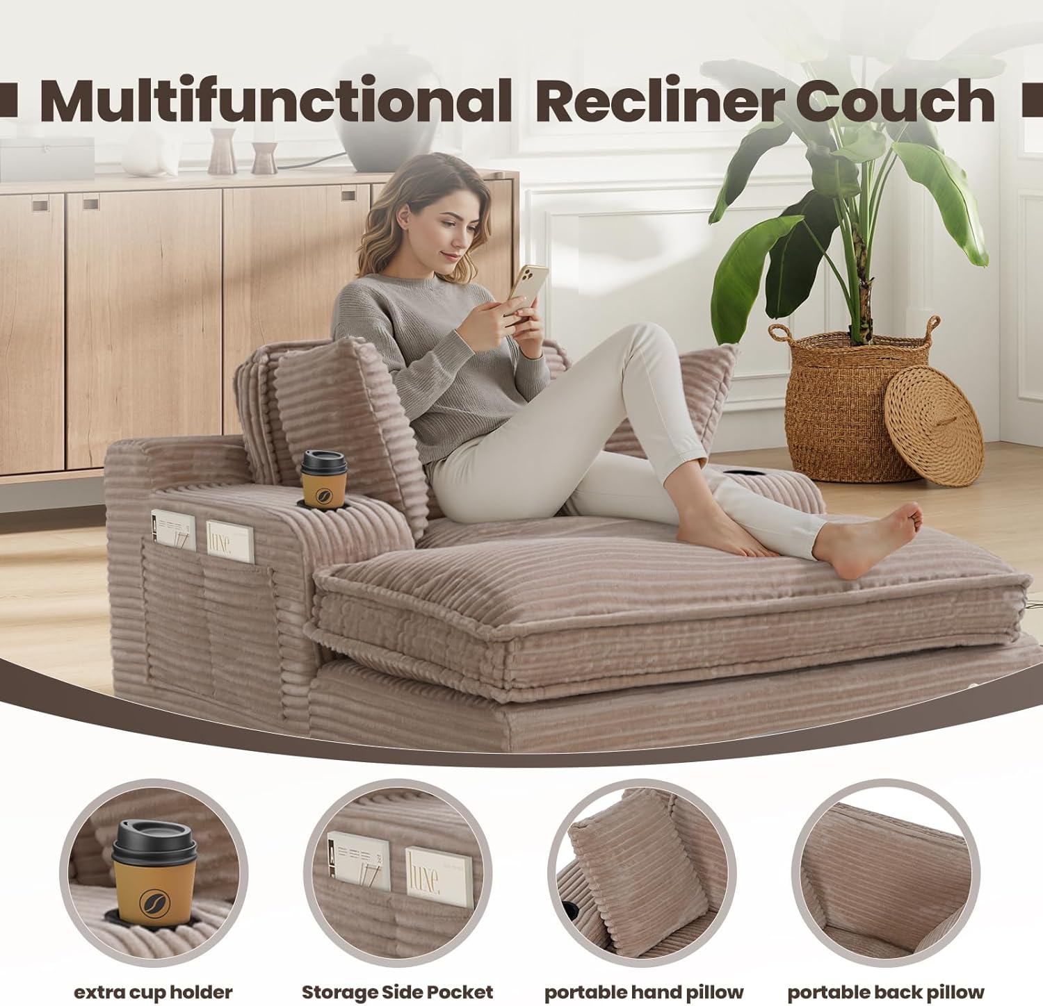 67" Chaise Lounge Chair Indoor, Cozy Oversized Fluffy Sofa with Cup Holders & Throw Pillows, Boneless Sleeper Cloud Couch for Living Room, Movie Room and Apartments, Camel