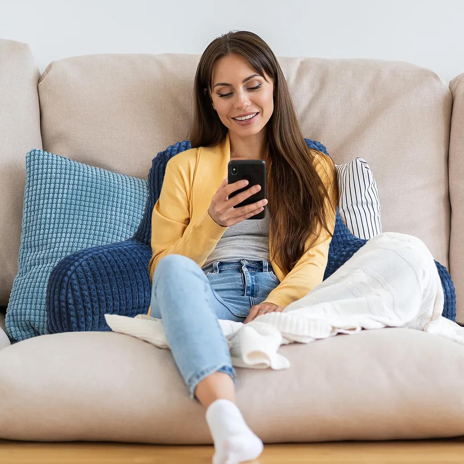 A Nice Night Reading Pillow Bed Wedge Large Adult Children Backrest with Arms Back Support for Sitting Up in Bed/Couch for Lounging Bedrest,Waffle Stereoscopic Design,Navy