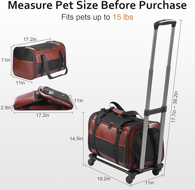 Airline Approved Pet Carrier with Wheels, Rolling Soft Sided Dog Cat Travel Bag, Premium Fashion Leather Small Pet Carrier Purse for Puppies and Cats Coffee