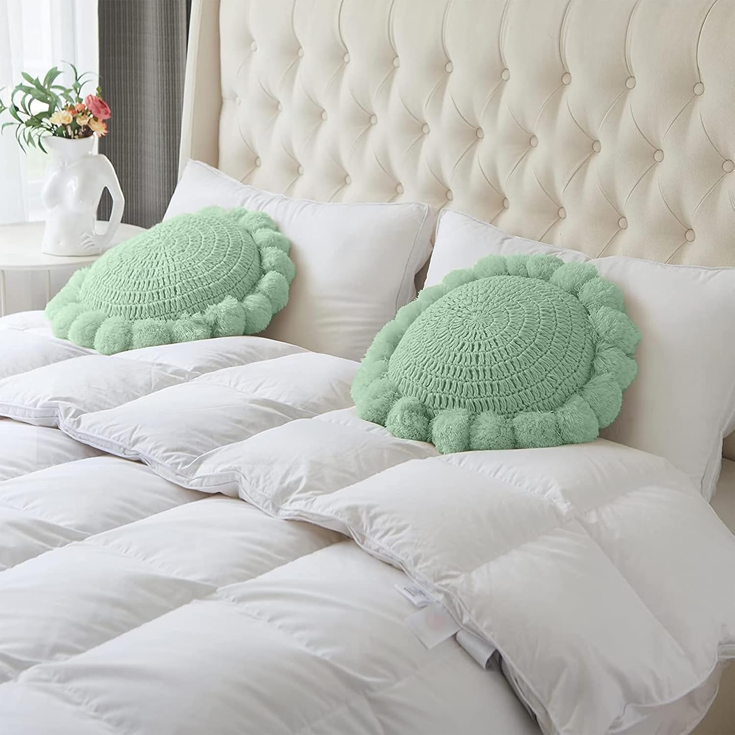 Boho Round Throw Pillow with Cute Handmade Pom Poms Tassels 18 Inch, Decorative Circular Knitted Crochet Cushion for Couch, Sofa, Chair, Bed, Sage Green