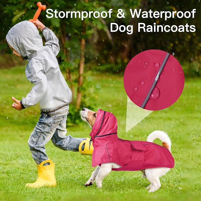 Waterproof Windproof Dog Raincoat with Full Body Coverage, Reflective Adjustable Hooded Jacket, Easy on Lightweight Dog Rain Coat for Large Dogs Poncho Breathable (Neon Pink, XXXXL)