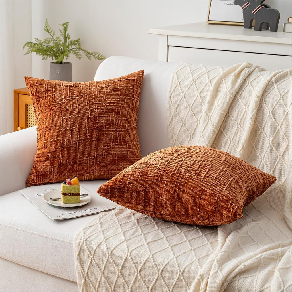 Decorative Throw Pillow Covers 16x16 Inch Set of 2, Soft Solid Farmhouse Chenille Couch Pillows, Spring Pillow Covers for Couch Sofa Bed Living Room Home Decor Pillowcase, Rust