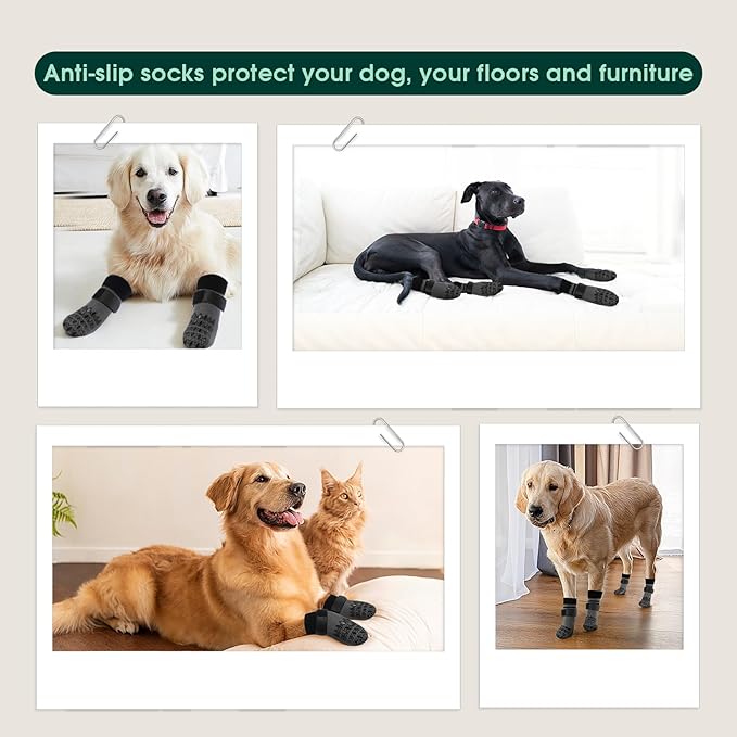 Kuoser Non Slip Dog Socks for Hardwood Floors,4Pack Anti-Slip Dog Grippy Socks to Prevent Licking Paws,Dogs Booties Paw Protectors with Double-Sided Traction for Small Medium Large Senior Dogs,Gray M
