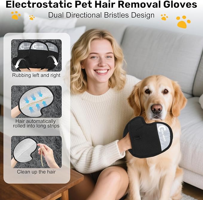 2Pcs Pet Hair Removal Gloves, Reusable Electrostatic Gloves Brush for Dogs Cats Hair Removal Grooming, Pet Hair Remover Tool for Furniture, Clothing, Couch, Carpet, Car Seats