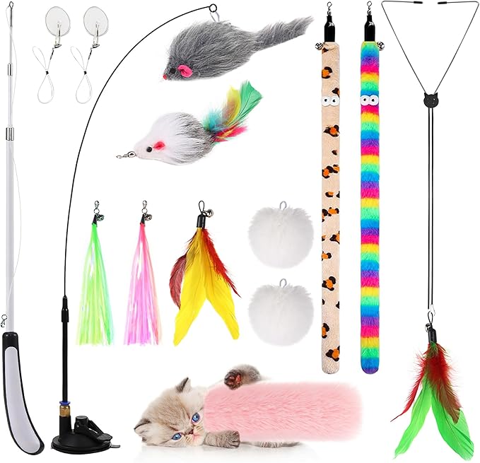 4-in-1 Interactive Cat Feather Toys with Durable Retractable Fishing Pole, Enhanced Suction Cup Toy, Door Hanging Teaser Toy and 11 Attachments Replacements for Bored Indoor Adult Cats