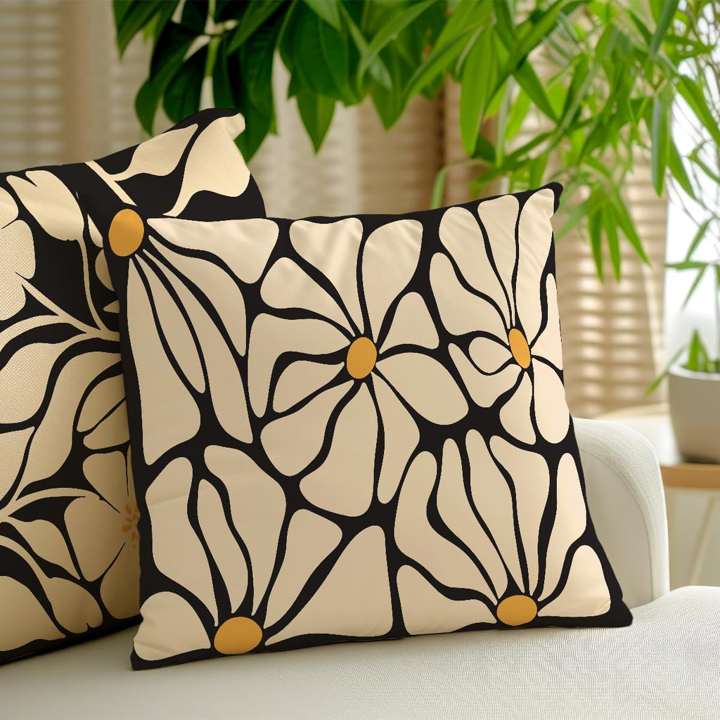 2 Pcs Boho Black And Beige Floral Pillow Covers, Botanical Neutral Plant Decorative Throw Pillow Cover, Abstract Bohemian Flower Plant for Couch Sofa Bed Bedroom Living Room Office Home Decor