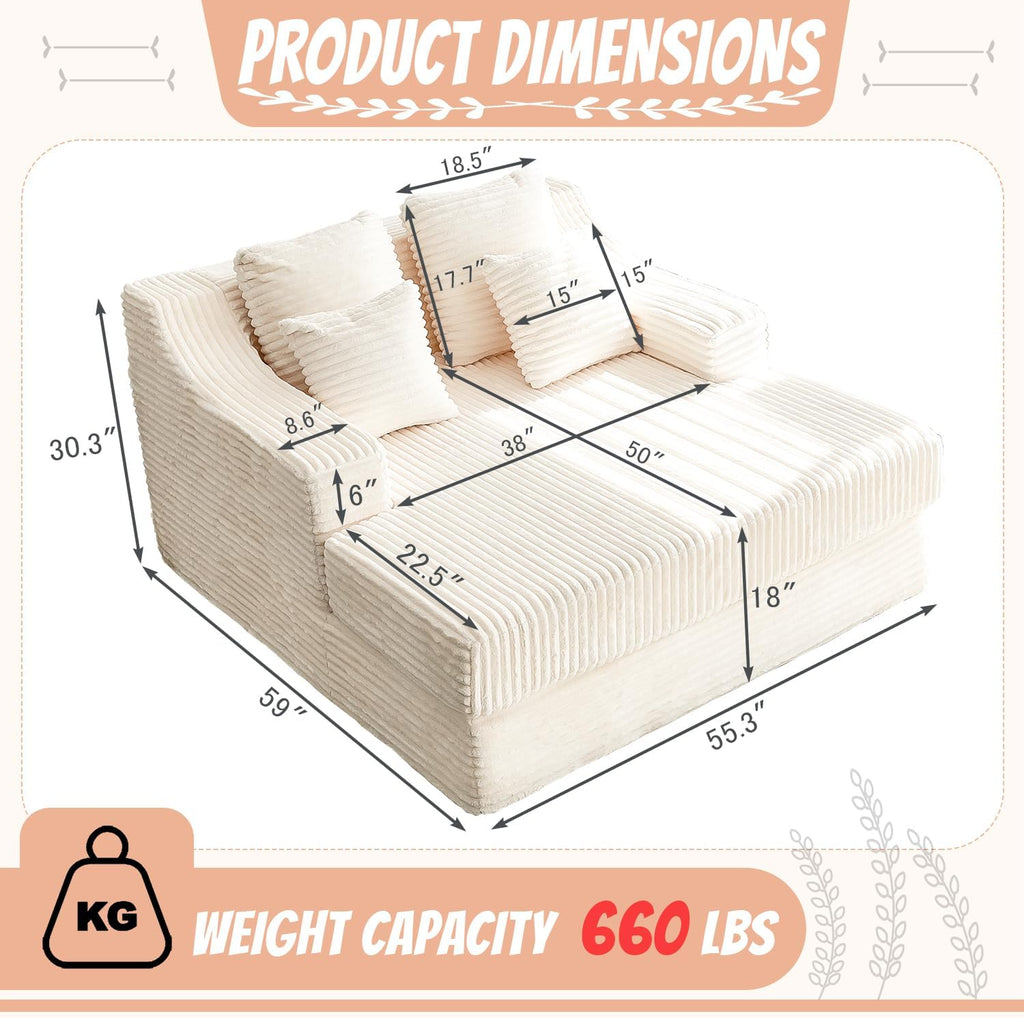 55 Inch Chaise Lounge Indoor - Oversized Chaise Lounge with 4 Throw Pillows and Armrets, Upholstered Plush Sofa Bed, Corduroy Lazy Chair Bed, Sleeper Chair for Living Room or Bedroom, Beige