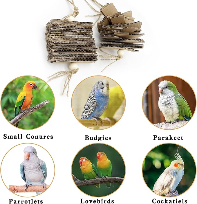 LWINGFLYER 2 Pack Small Parrot Chew Toys Natural Cardboard Paper Hanging Bird Shredding Toy for Budgies Conures Cockatiel Parakeet Lovebirds Canary