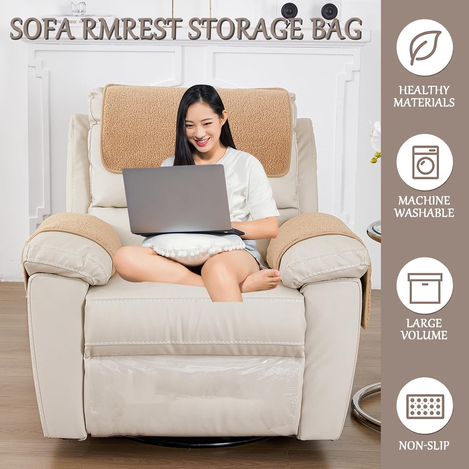 Armrest Cover, Recliner Chair Protector, Furniture Protector Slip, Side Storage Pocket, Stretch Armchair Couch Arm Rest Cover for Recliner, Chair, Sofa (Camel,2 Seater(4pcs))