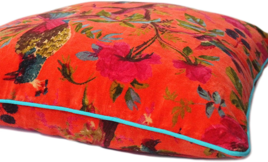 Eyes of India Velvet Floral Flower Bird Throw Pillow Sofa Cushion Cover Case Couch Colorful Boho Chic Bohemian Accent Indian Handmade (Orange, 16" x 16")