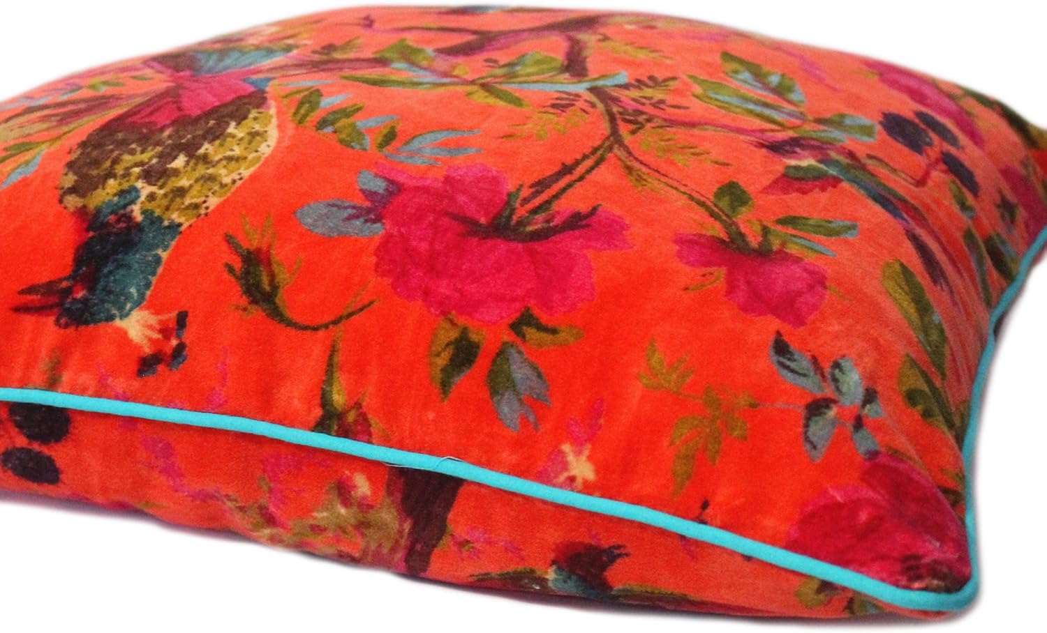 Eyes of India Velvet Floral Flower Bird Throw Pillow Sofa Cushion Cover Case Couch Colorful Boho Chic Bohemian Accent Indian Handmade (Orange, 16" x 16")
