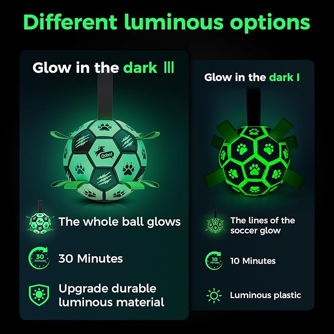 QDAN Premium Dog Ball, Glow in The Dark Dog Toys, Light Up Soccer Ball for Dogs, Outdoor Dog Toys, Doggy Water Toy, Puppy Birthday Gifts for Small Medium (6 Inch)