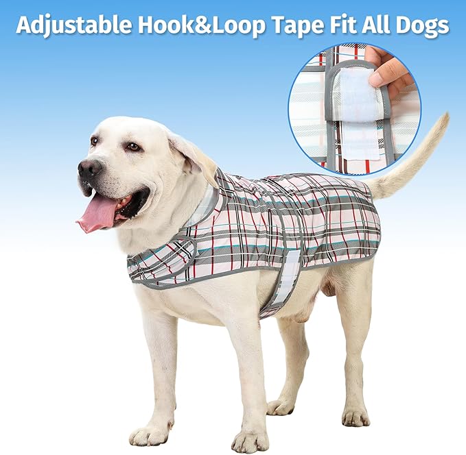Dog Rain Coat for Large Dogs Waterproof Hooded Rain Jacket with Reflective Strips Leash Hole & Poncho Adjustable Fit (Plaid,XXL)