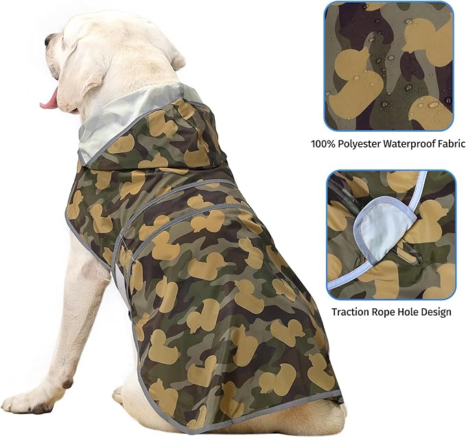 Dog Rain Coat for Large Dogs Waterproof Hooded Rain Jacket with Reflective Strips Leash Hole & Poncho Adjustable Fit (CamoDuck,XXL)
