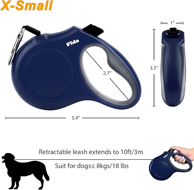 Fida Retractable Dog Leash with Dispenser and Poop Bags, 10 ft Pet Walking Leash for X-Small Dog or Cat up to 18 lbs, Anti-Slip Handle, Tangle-Free, Reflective Nylon Tape (XS, Navy Blue)