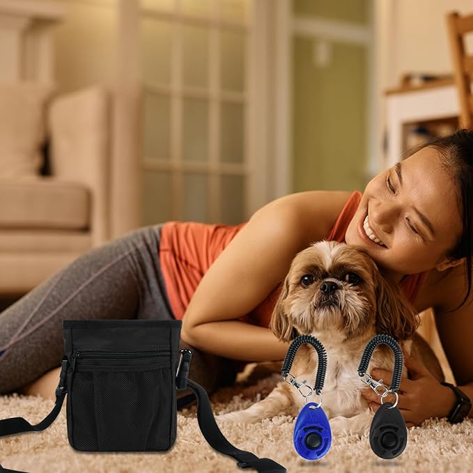 SZO Dog Treat Pouch - 3 Ways to Wear Treat Pouches for Pet Training, Dog Training Treat Pouch Bag and 2 Pieces Clicker Taining for Dogs with Waist Belt Shoulder Strap-Max Black