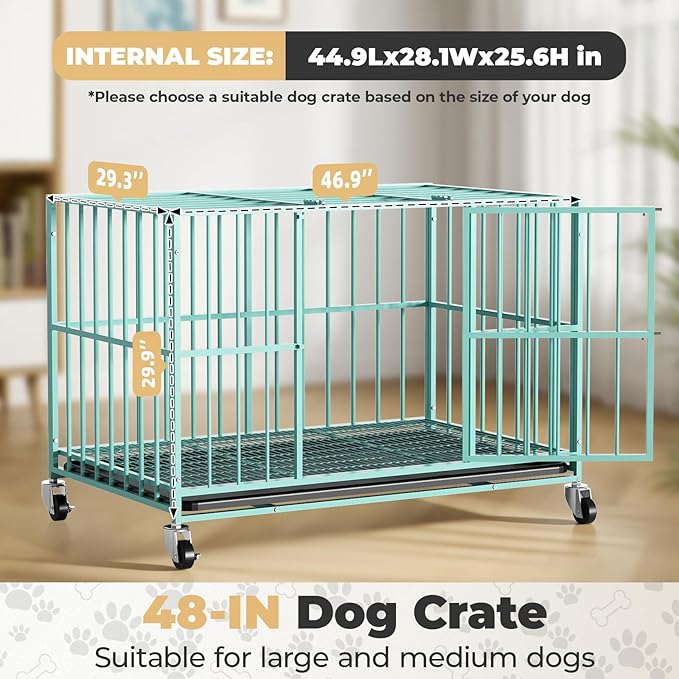 48 in Green Heavy Duty Dog Crate Steel Escape Proof, Indoor Double Doors and Lockable Wheels,Removable Tray, for Dog Breeds,XL,XXL