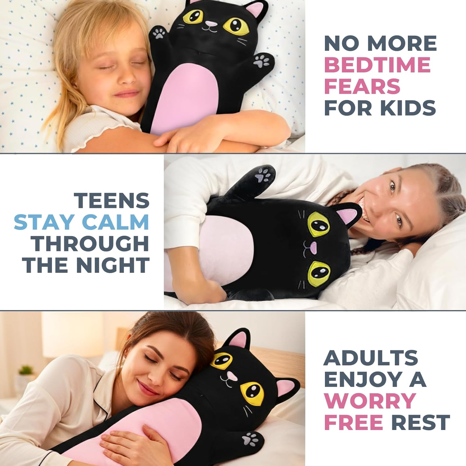 Black Cat Plush Body Pillow for Kids | Long Stuffed Animal Cuddle Pillow | Soft Hugging Toy | Plushie Gift for Girls & Boys | Long Plush Body Pillow for Sleep & Comfort | Large, 47 Inches