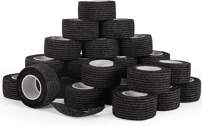 24 Rolls Elastic Self Adhesive Bandage Wrap 1 Inch, Breathable Non Woven Cohesive Bandage, Vet Wrap for Dogs, Ankle Sprains Swelling Medical First Aid Tape, Sports Athletic Tape Color Black