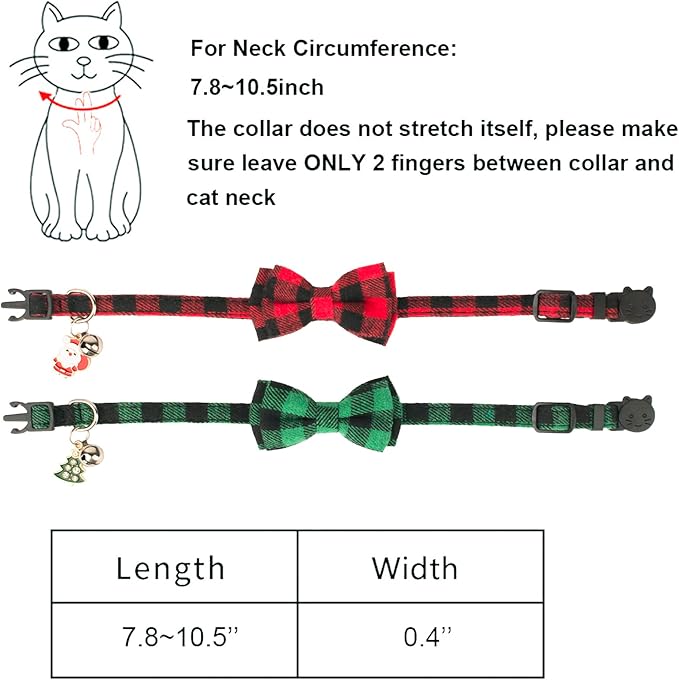 ADOGGYGO Christmas Cat Collars Breakaway with Cute Bow Bell - 2 Pack Red Green Plaid Kitten Collar with Removable Bowtie Christmas Collar for Cats Kittens