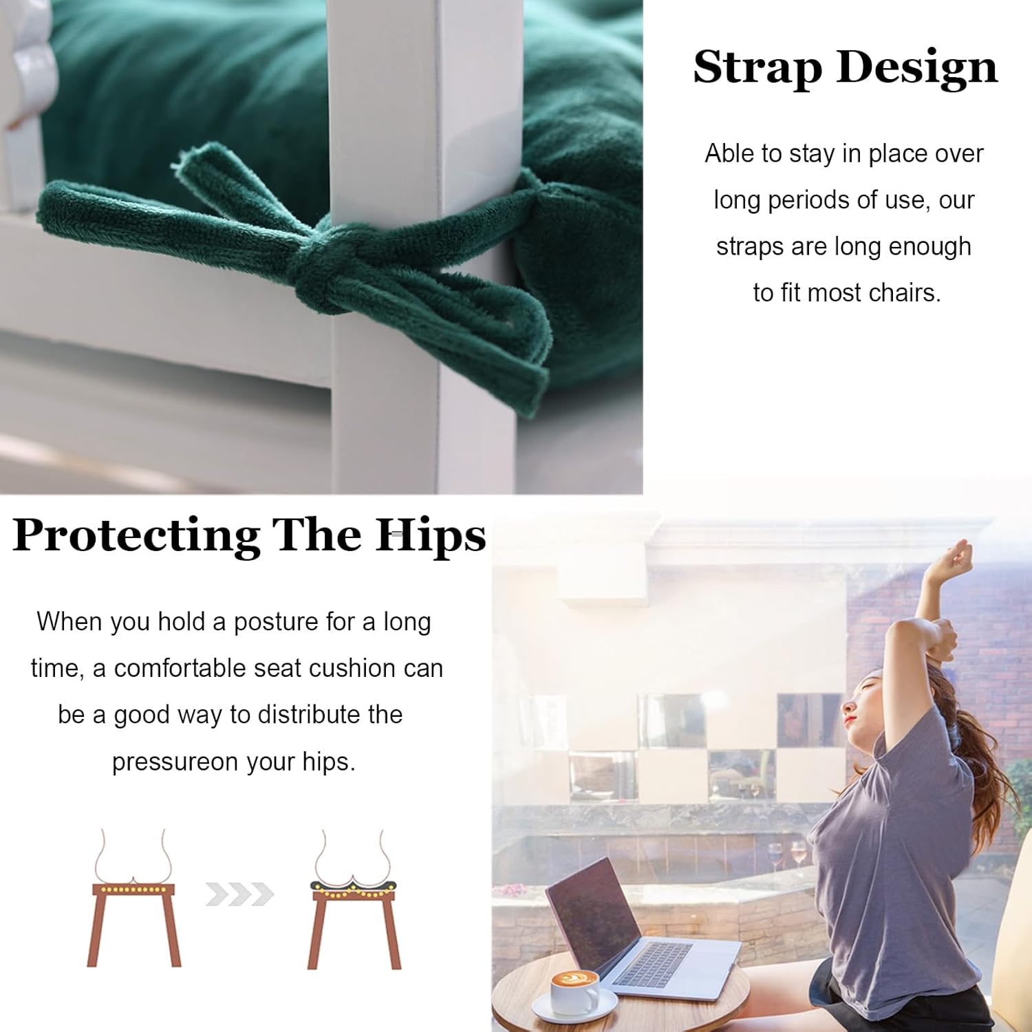 Set of 4 Chair Cushions for Dining Chairs with Ties, Indoor Non-Slip Kitchen Chair Pad and Dining Room Seat Cushion Mat for Office Living Room Outdoor 15.5" - Dark Green