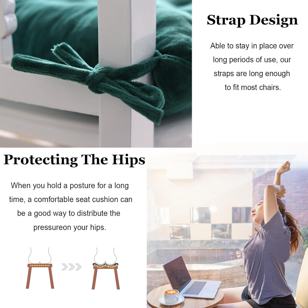 2 Pack Square Seat Cushion Chair Pads for Kitchen Dining Chairs, Soft Comfort Velvet Chair Mat Pillow Cushions with Ties for Office Desk Living Room Tatami 15.5", Dark Green