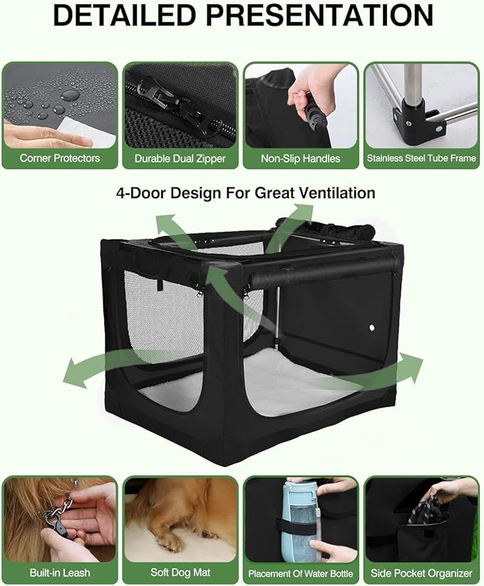 36 Inch Collapsible Travel Dog Crate for Medium Large Dogs, Portable Dog Crate 4-Door Foldable Soft Kennel with Durable Mesh Windows for Indoor & Outdoor Travel, with Storage Bag,Black