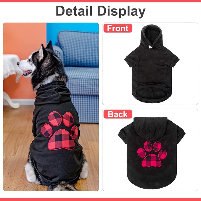 KOOLTAIL Plaid Dog Hoodie Pet Clothes Sweater with Hat and Pocket for Small Medium Large Size Dogs, Soft Winter Warm Dog Cold Weather Coat, Fleece Fall Dog Hooded Sweatshirt for Puppy Cats, Black L