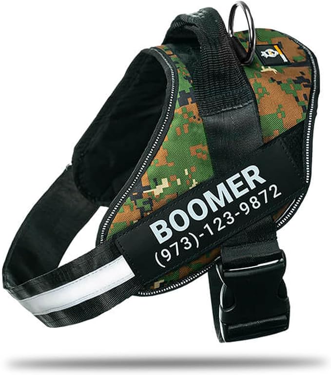 Personalized No-Pull Dog Harness with Name Patch, Adjustable, Reflective, Padded, Heavy Duty Pet Vest to Prevent Tugging, Pulling, or Choking, Training and Walking, Military Green, L