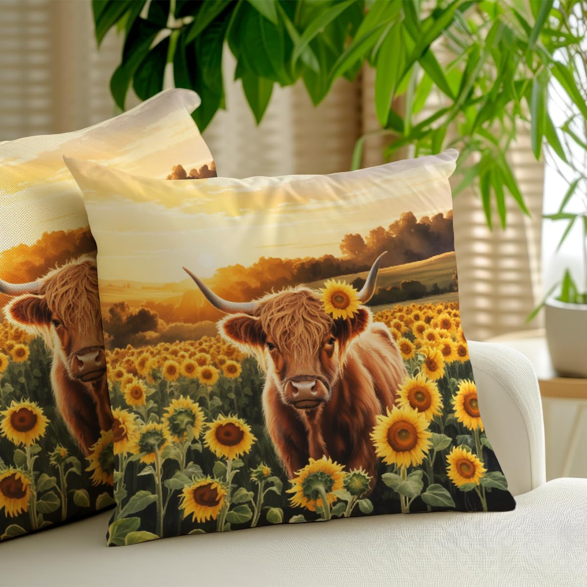 2 Pcs Highland Cow With Sunflowers Decorative Throw Pillow Covers, Spring Outdoor Pillowcase Cotton Linen Farmhouse Cushion Case for Couch Sofa Bedroom Apartment Dorm Living Room Office Home Decor