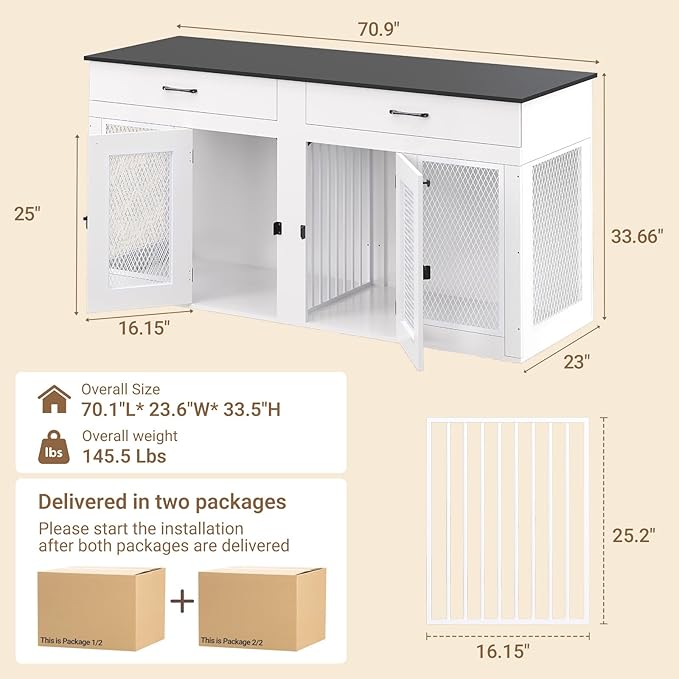 71 Inch Dog Crate Furniture for 2 Dogs，XXL Thick Wooden Double Kennel TV Stand w/Removable Divider - Heavy Duty Indoor Cage for Large Breeds (White & Black Top, 71L* 23.6W* 33.5" H)