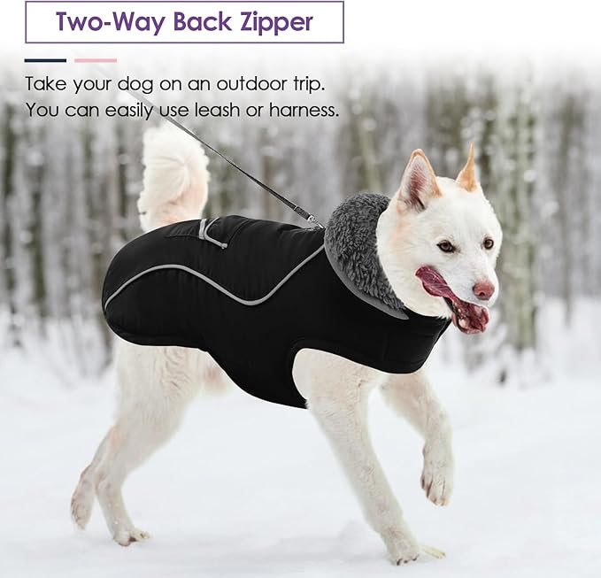 SUNFURA Dog Coat, Large Dog Jacket Reflective Winter Coat for Cold Weather, Windproof Pet Snow Jacket with Pocket, Warm Fleece Sweater Clothes for Large Dogs, Black L