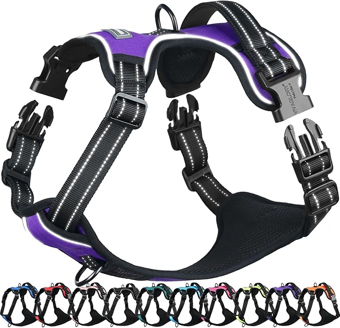 VIVAGLORY Dog Harness Easefit No Pull Dog Harness with Front Clip & Handle for Lifting Training, Adjustable Padded No-Pull Anti Pull Easy On for Puppy & Pet, L, Purple