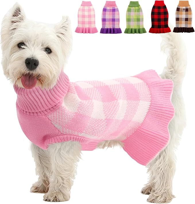 Dog Sweater Dress Plaid Knitwear for Small Medium Dogs Warm Puppy Pet Turtleneck Stretch Pullover Cute Fall Winter Vest Clothes with Leash Hole for Christmas (Pink, XL)