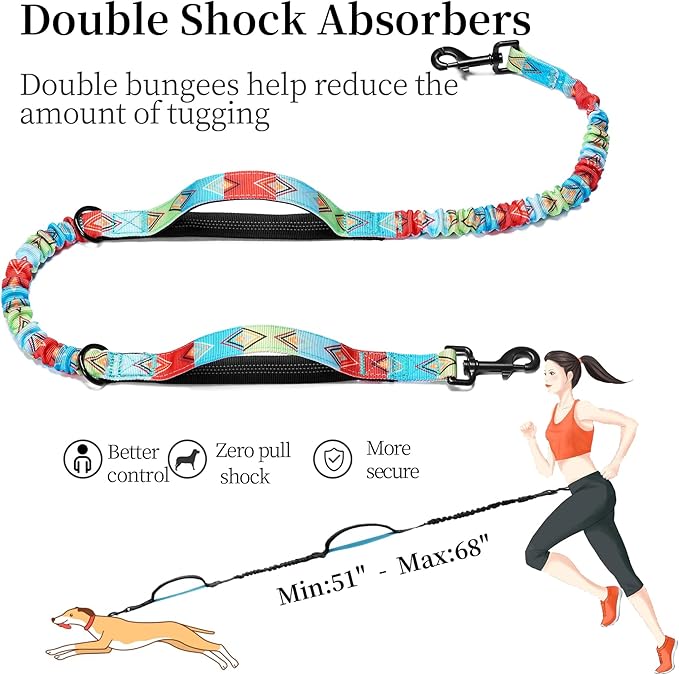 iYoShop Hands Free Dog Leash with Zipper Pouch, Dual Padded Handles and Durable Bungee for Walking, Jogging and Running Your Dog (Colorful Rhombus, Large)