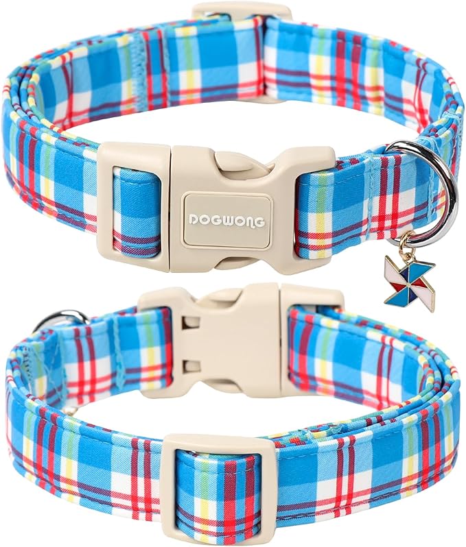 DOGWONG Blue Plaid Dog Collar- Cute Checkered Dog Collars Adjustable Designer Blue Puppy Dog Collar for Small Medium Large Dogs XL
