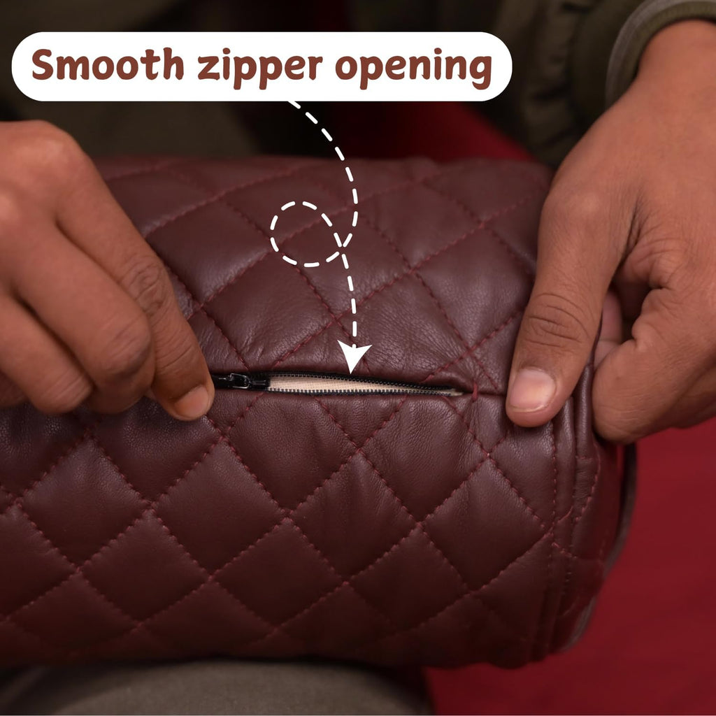 Neck Roll Pillow Cushion Cover, 14x7 Inch Full Moon Round Bolster Pillow Case, Cylinder Soft Lambskin Leather Pillowcase for Head, Spine & Neck Support During Sleep - Quilted Dark Brown Pack of 2