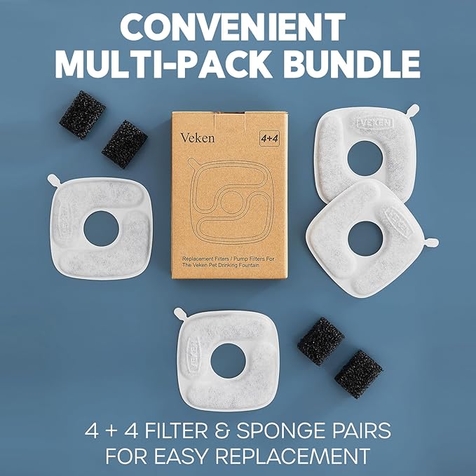 Veken Cat Water Fountain Filters, 4 Pack Replacement Filters & 4 Pack Replacement Pre-Filter Sponges Set for 50oz, 84oz, 95oz Automatic Pet Fountain Dog Water Dispenser