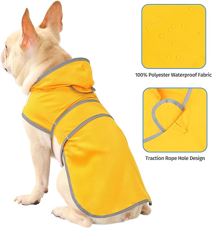 Dog Raincoat for Medium Dogs Waterproof Hooded Rain Jacket with Reflective Strips Leash Hole & Poncho Adjustable Fit (Yellow,M)