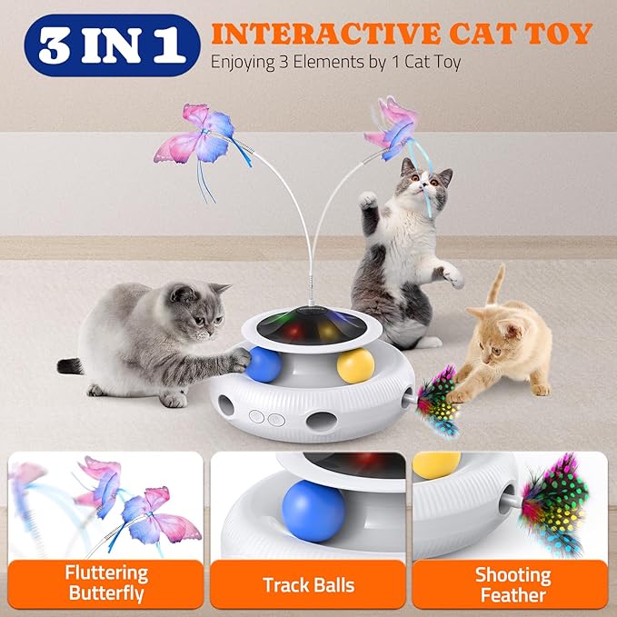 Interactive Cat Toys 3 in 1 Automatic Cat Toy for Indoor Cats, Electric Kitten Toy with USB Rechargeable, Self Play Kitty Toys with Spinner Fluttering Butterfly, Track Ball and 2 Ambush Feathers