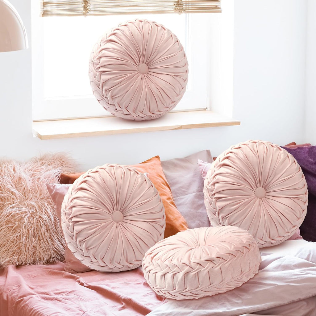 4 Pcs Round Throw Pillows 15 Inch Decorative Velvet Pleated Pumpkin Floor Boho Pillows for Living Room Couch Chair Bed Sofa (Light Pink)