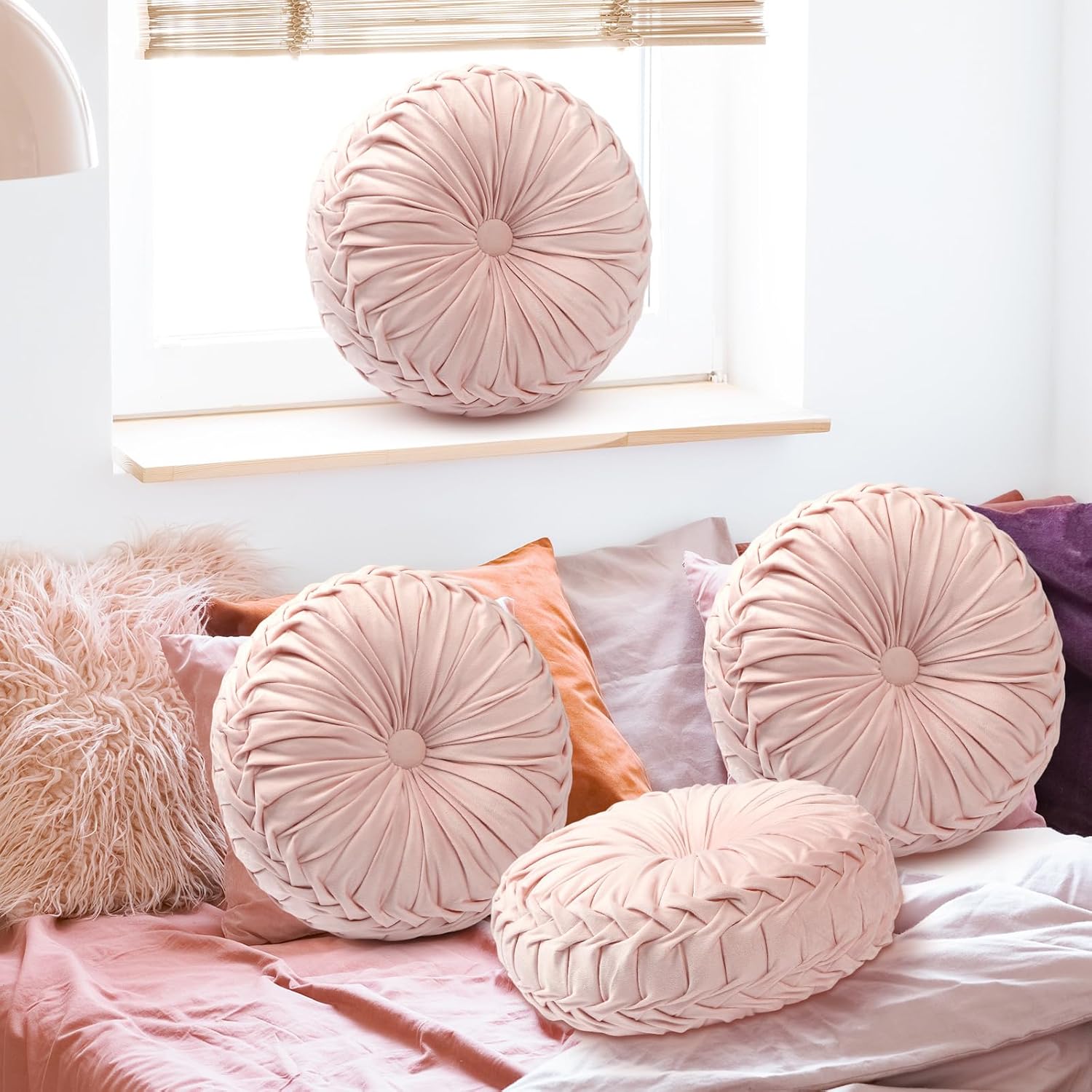 4 Pcs Round Throw Pillows 15 Inch Decorative Velvet Pleated Pumpkin Floor Boho Pillows for Living Room Couch Chair Bed Sofa (Light Pink)