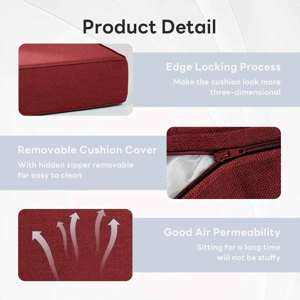 6" Thicker Outdoor Chair Cushion 3 Sets - 24" *24" *6" Waterproof Patio Furniture Cushions with Removable Cover, 28D High Density Sponge Filling Thicken Outdoor Patio Cushions - Red