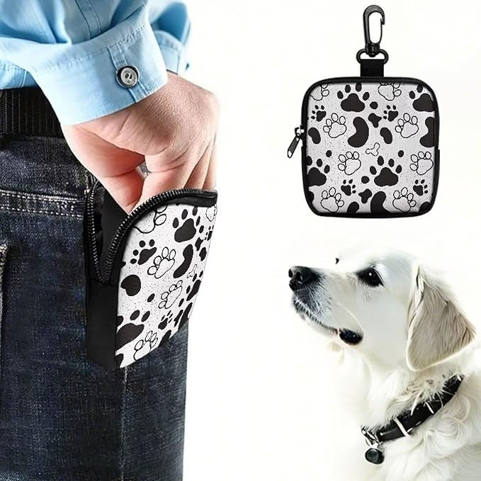KEIAHUAN Paw Print Zipper Dog Treat Pouch for Pet Walking and Training with Clasp Portable Snack Reward Dog Food Dispenser for Traveling or Outdoor Use, Black Grey