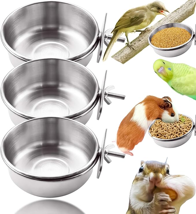 MotBach 3 Pack Bird Feeding Bowls Cups Parrot Food Water Dishes, Stainless Steel Bird Bowl Cup Dish with Clamp, Birdcage Feeder Pet Cage Bowls for Cockatiel Budgie Conure Macaw Parakeet Small Animal